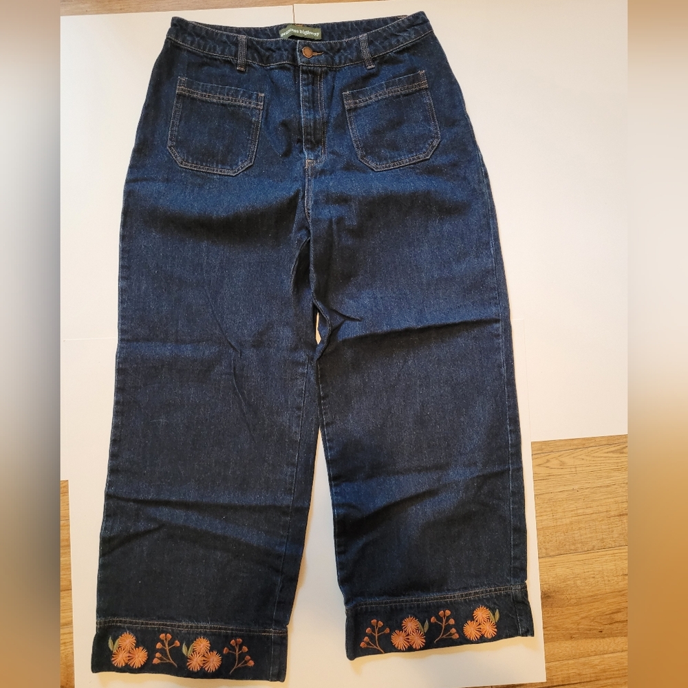 Princess Highway Dark Blue Flare Jeans with Orange Embroidery